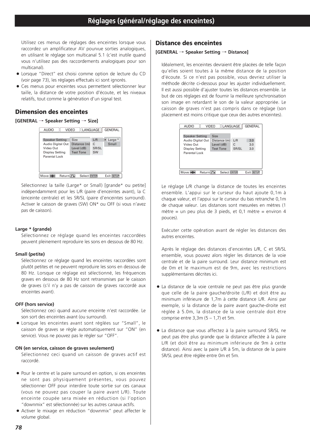 Esoteric D00816600A manual Réglages général/réglage des enceintes, Dimension des enceintes, Distance des enceintes 