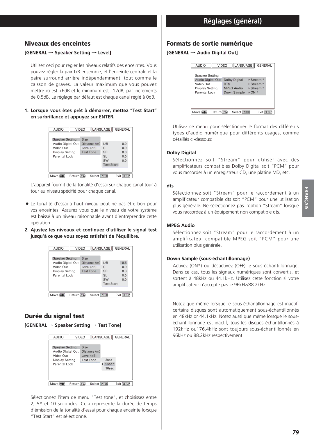 Esoteric D00816600A manual Réglages général, Niveaux des enceintes, Durée du signal test, Formats de sortie numérique 