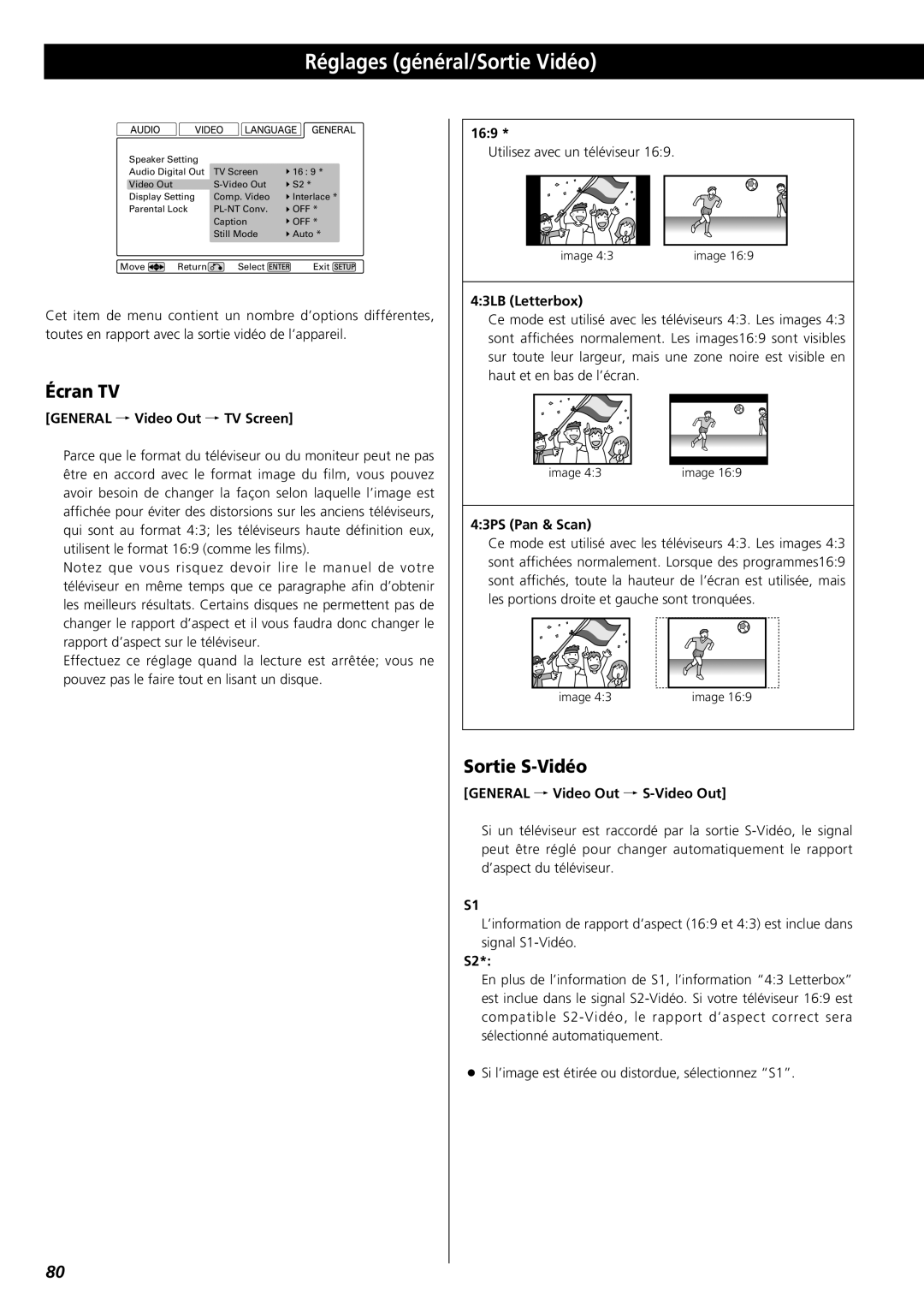 Esoteric D00816600A manual Réglages général/Sortie Vidéo, Écran TV, Sortie S-Vidéo 