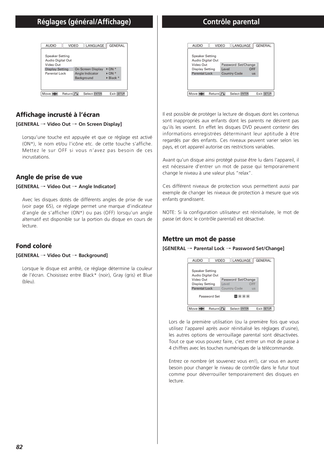 Esoteric D00816600A manual Réglages général/Affichage, Contrôle parental 