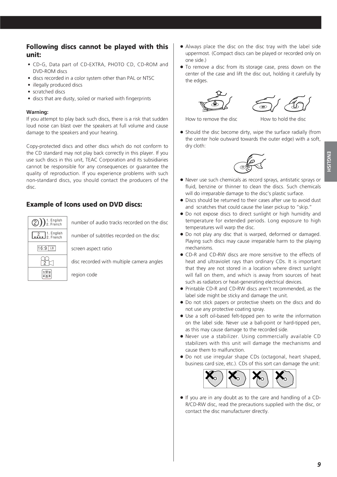 Esoteric D00816600A manual Following discs cannot be played with this unit, Example of Icons used on DVD discs 