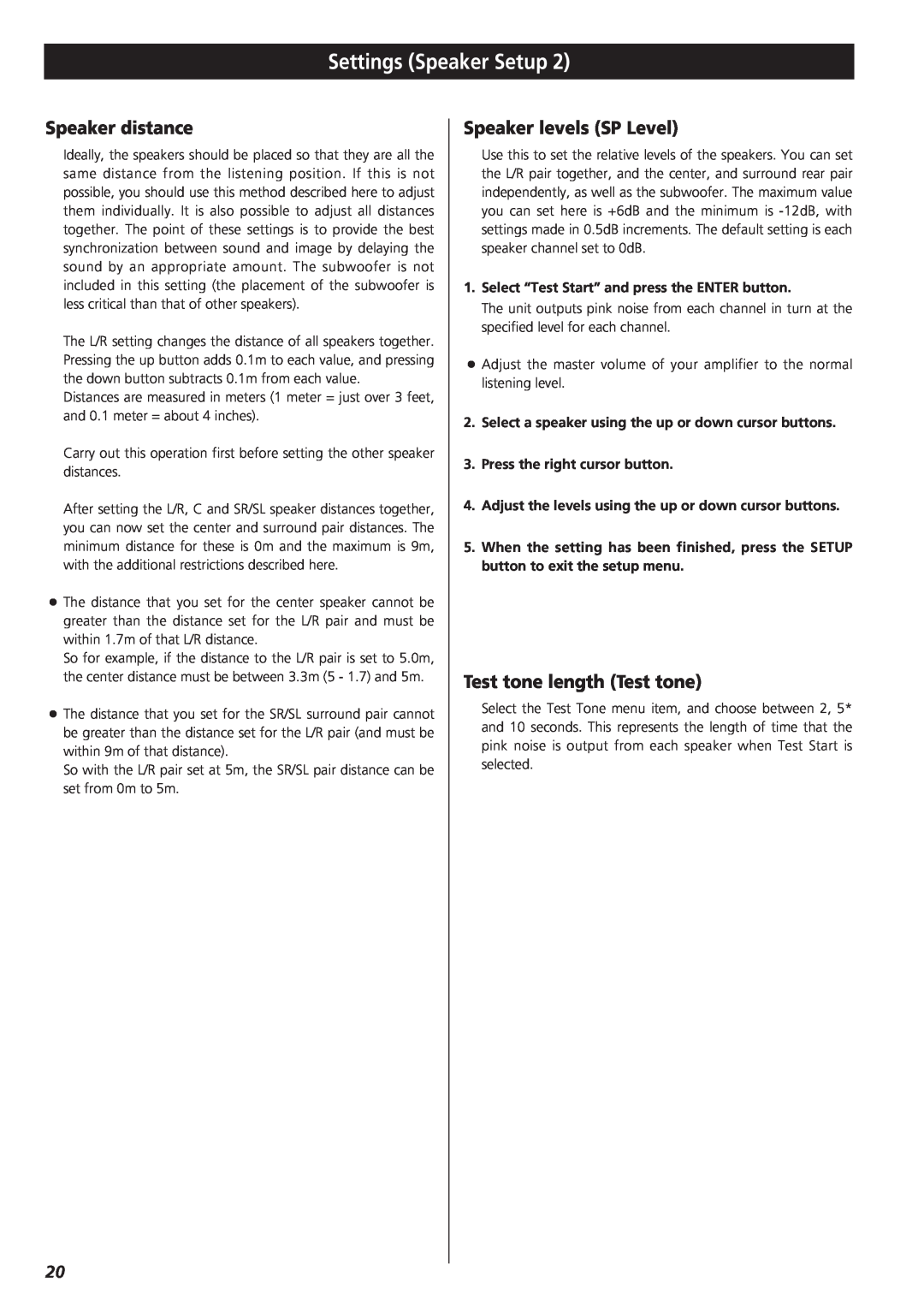 Esoteric D00816700B Speaker distance, Speaker levels SP Level, Test tone length Test tone, Press the right cursor button 