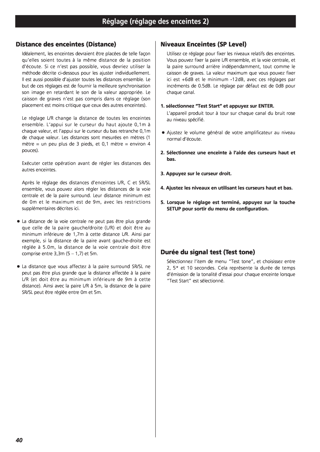 Esoteric D00816700B manual Distance des enceintes Distance, Niveaux Enceintes SP Level, Durée du signal test Test tone 