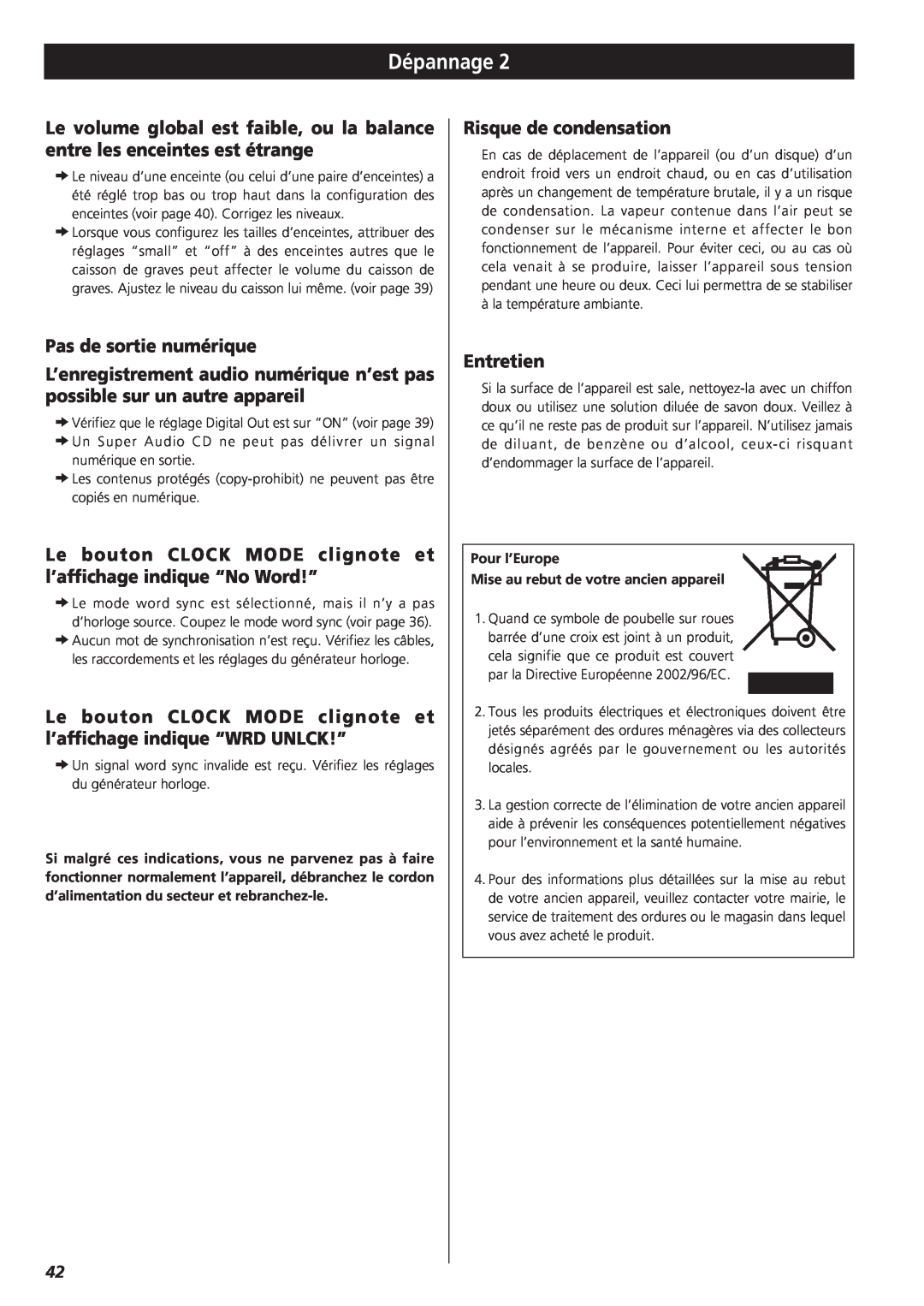 Esoteric D00816700B Pas de sortie numérique, Le bouton CLOCK MODE clignote et l’affichage indique “No Word!”, Entretien 