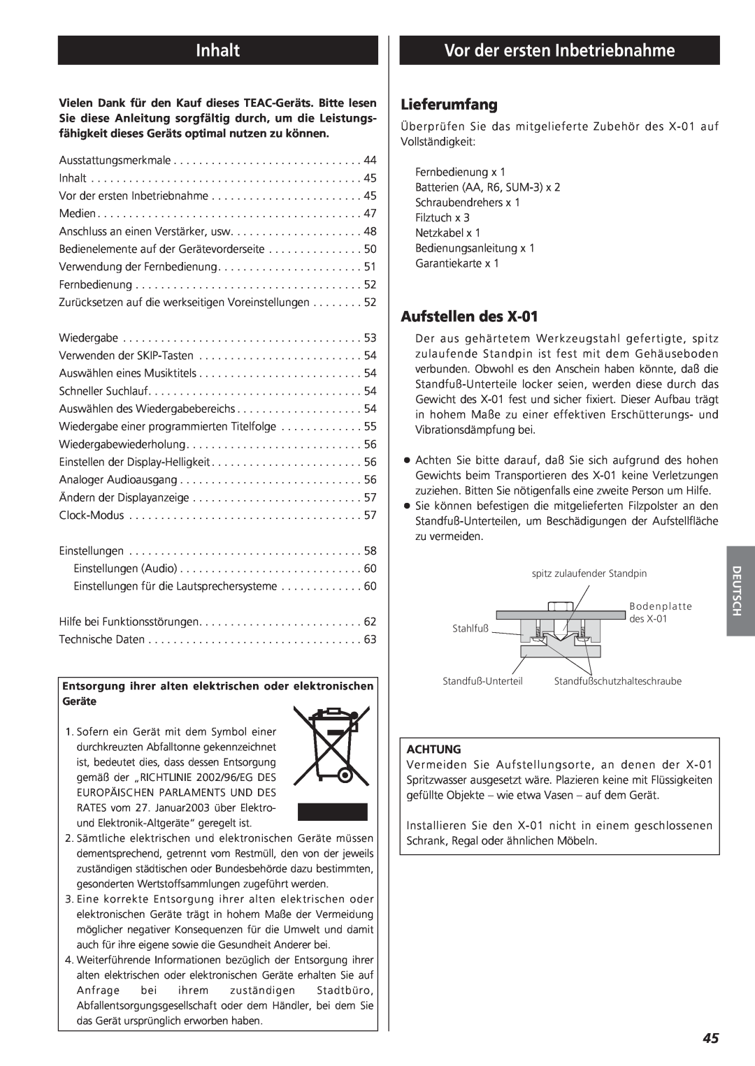 Esoteric D00816700B manual Inhalt, Vor der ersten Inbetriebnahme, Lieferumfang, Aufstellen des, Achtung 