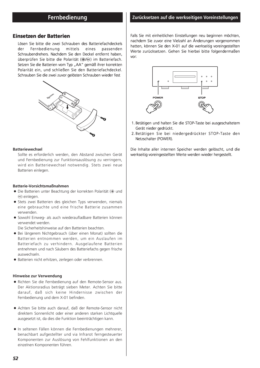 Esoteric D00816700B manual Fernbedienung, Einsetzen der Batterien, Batteriewechsel, Batterie-Vorsichtsmaßnahmen 