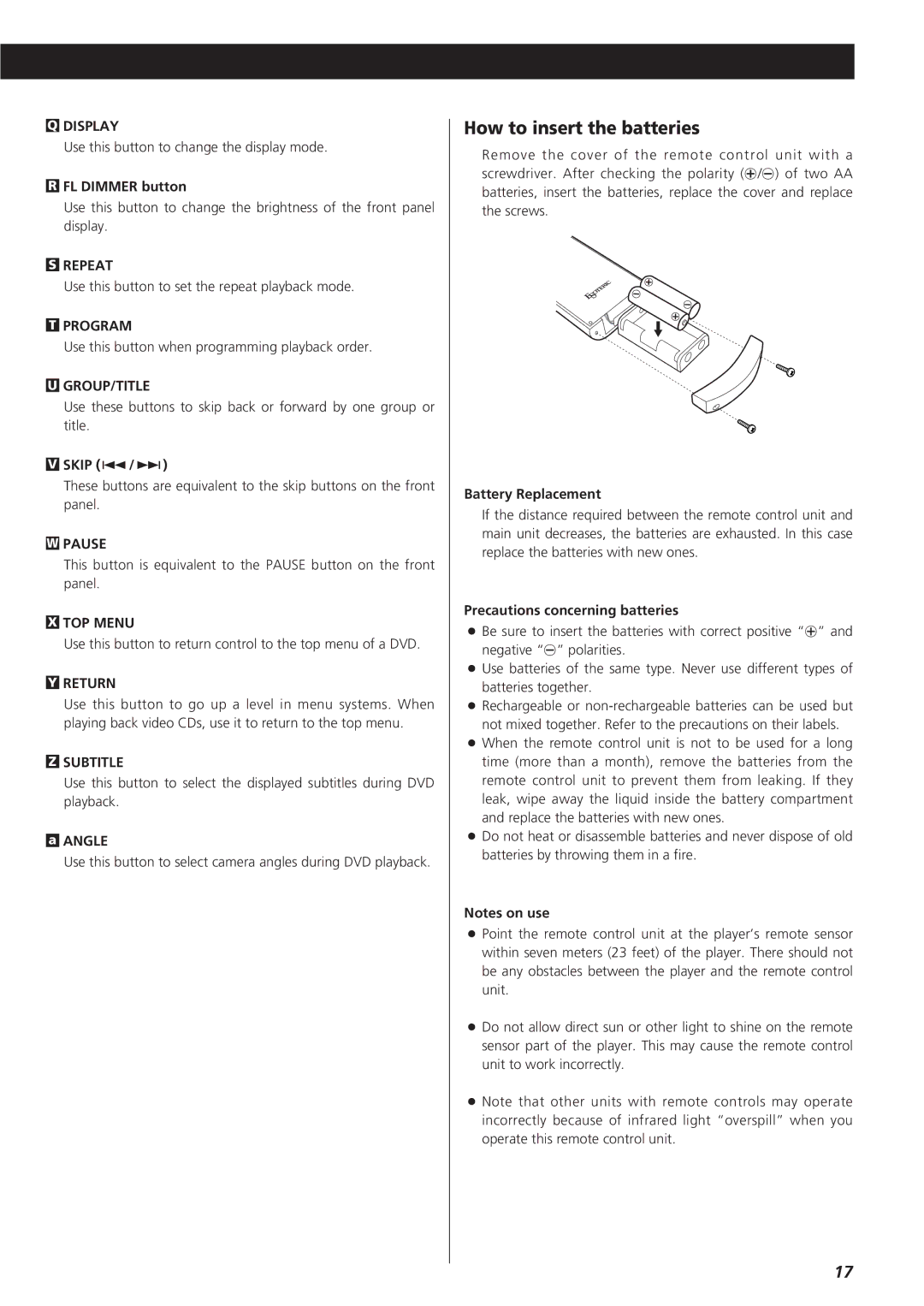 Esoteric D00864200A manual How to insert the batteries 