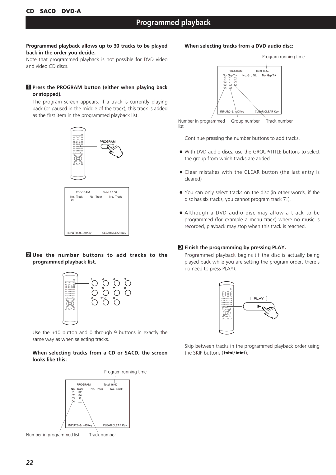 Esoteric D00864200A manual Programmed playback, When selecting tracks from a DVD audio disc 