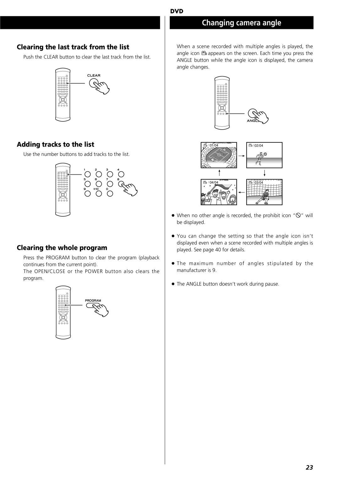 Esoteric D00864200A manual Changing camera angle, Clearing the last track from the list, Adding tracks to the list 