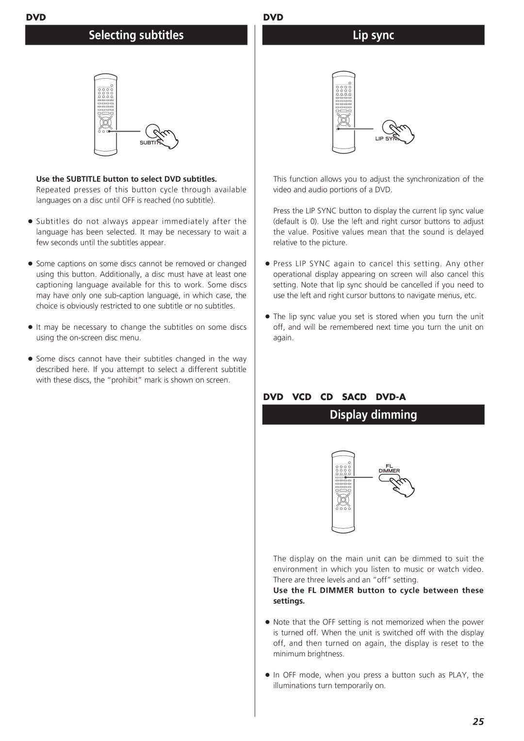 Esoteric D00864200A manual Selecting subtitles, Lip sync, Display dimming, Use the Subtitle button to select DVD subtitles 