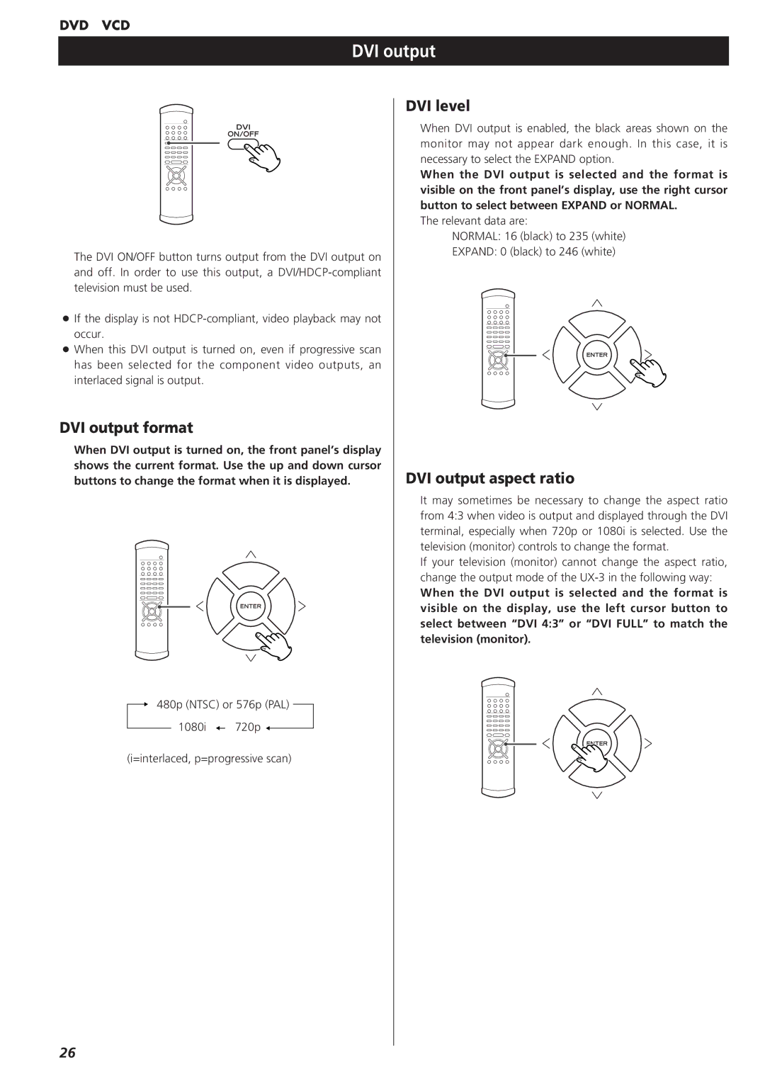 Esoteric D00864200A manual DVI output format, DVI level, DVI output aspect ratio 