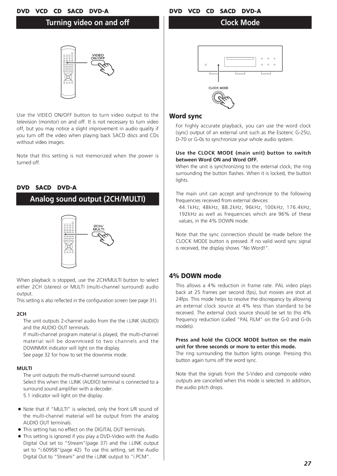 Esoteric D00864200A manual Turning video on and off, Analog sound output 2CH/MULTI, Clock Mode, Word sync, Down mode 