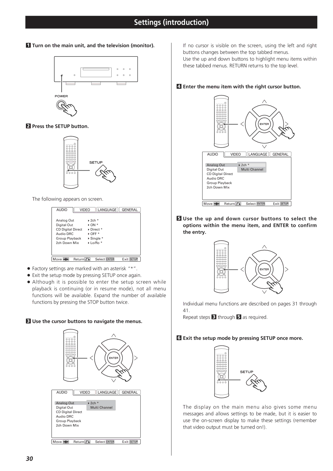 Esoteric D00864200A manual Settings introduction, Use the cursor buttons to navigate the menus 