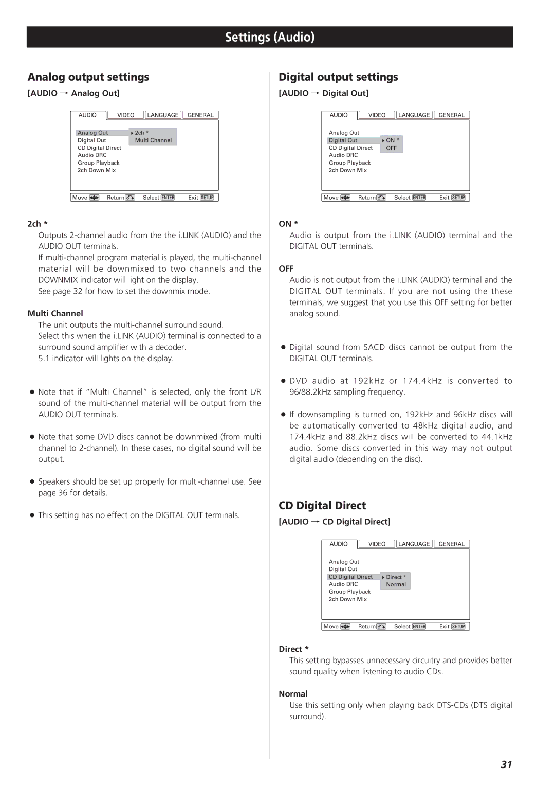 Esoteric D00864200A manual Settings Audio, Analog output settings, Digital output settings, CD Digital Direct, Off 