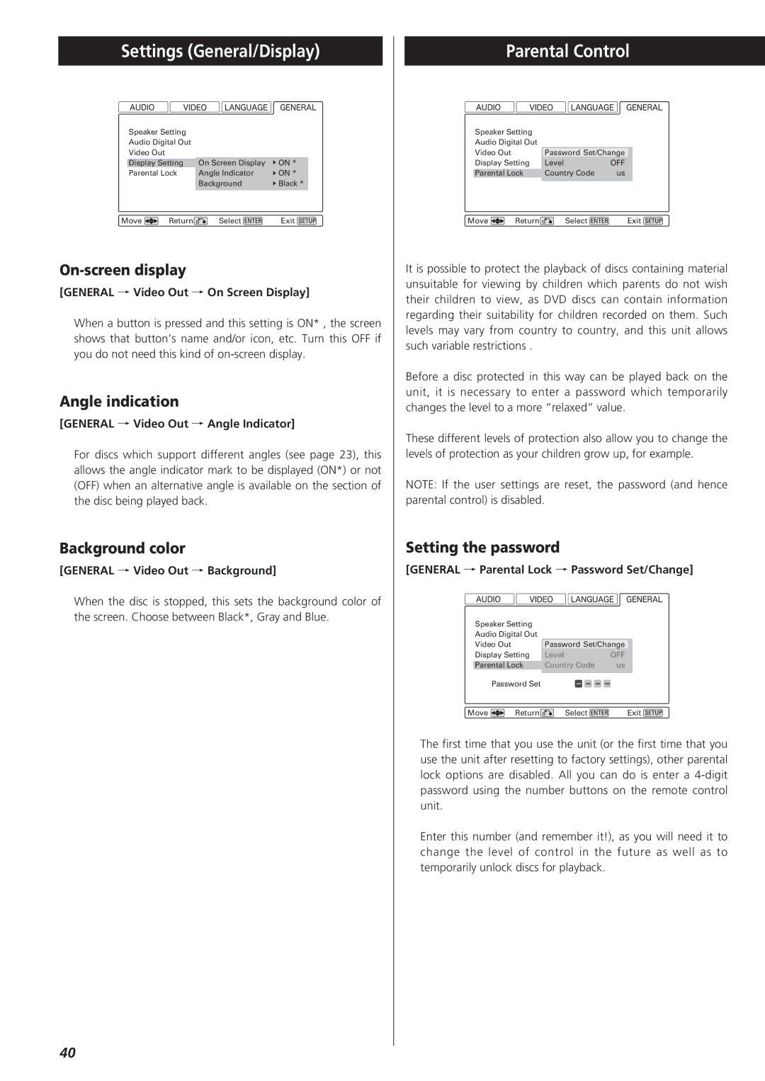 Esoteric D00864200A manual Settings General/Display, Parental Control 