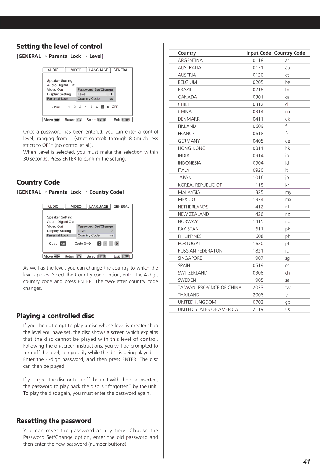 Esoteric D00864200A manual Setting the level of control, Country Code, Playing a controlled disc, Resetting the password 