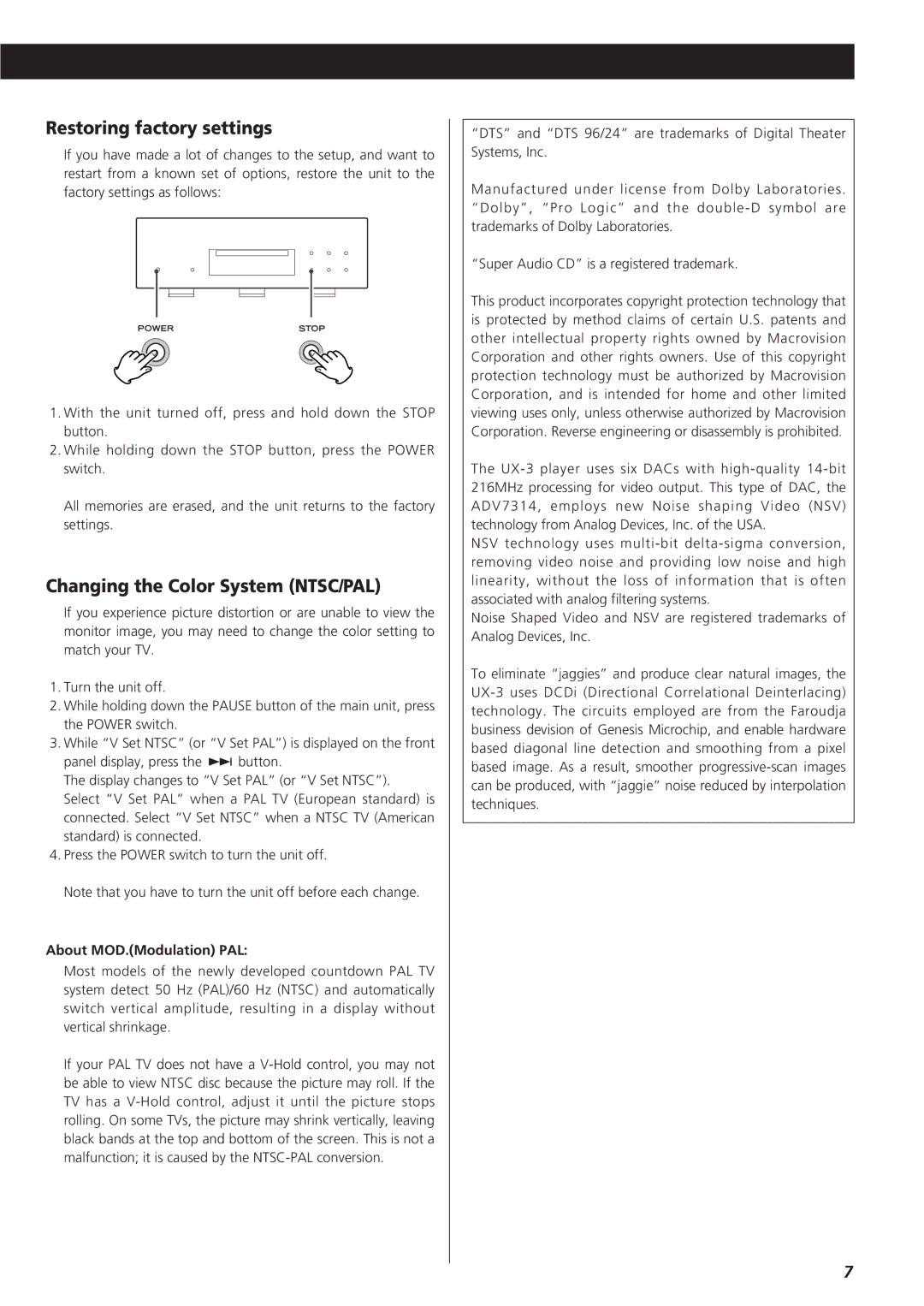 Esoteric D00864200A manual Restoring factory settings, Changing the Color System NTSC/PAL, About MOD.Modulation PAL 