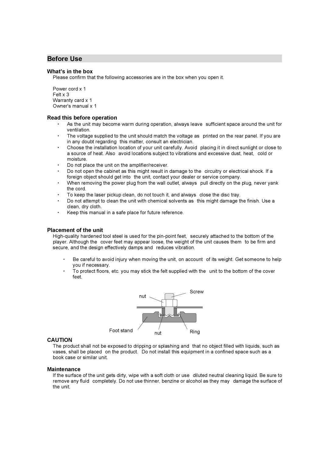 Esoteric G-25U manual Before Use, What’s in the box, Read this before operation, Placement of the unit, Maintenance 