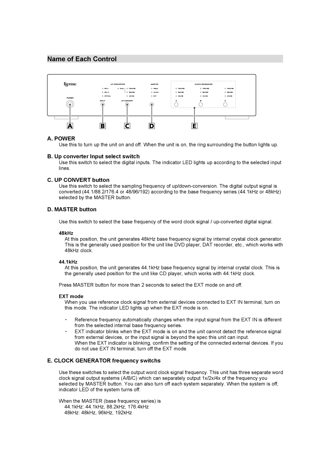 Esoteric G-25U manual Name of Each Control, Up converter Input select switch, UP Convert button, Master button 