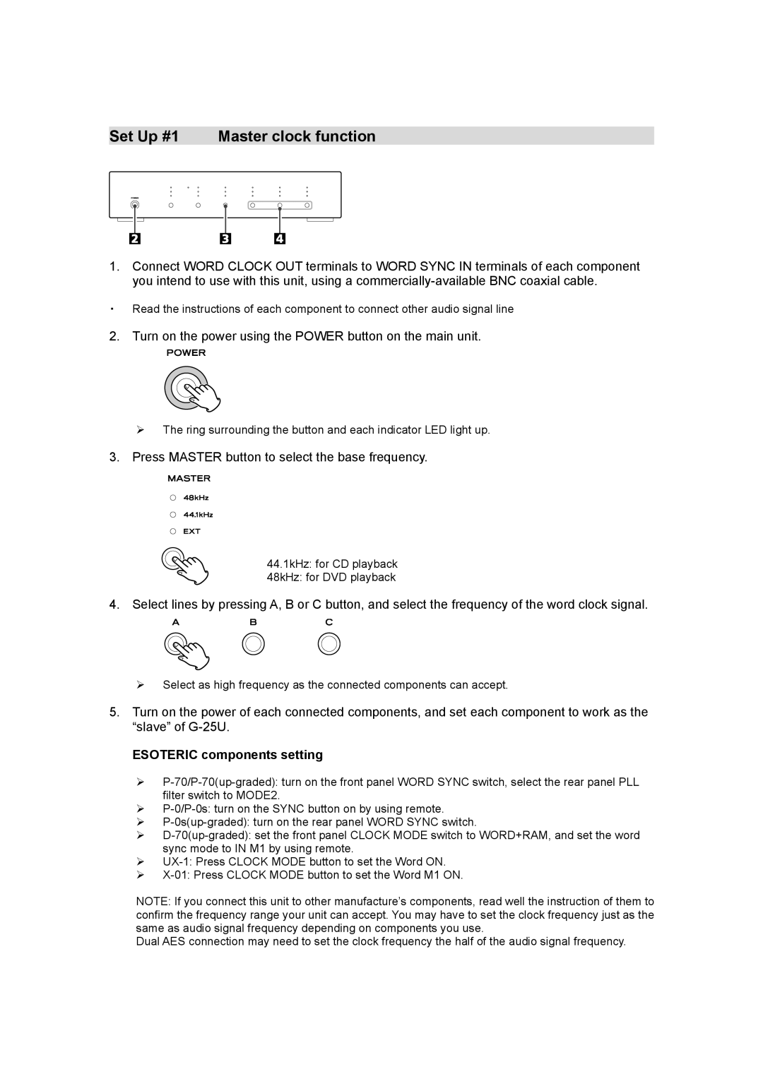 Esoteric G-25U manual Set Up #1 Master clock function, Esoteric components setting 