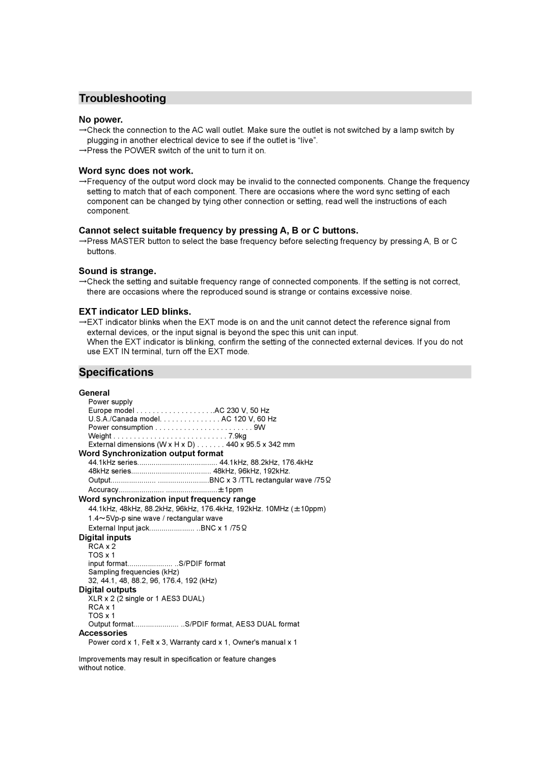 Esoteric G-25U manual Troubleshooting, Specifications 