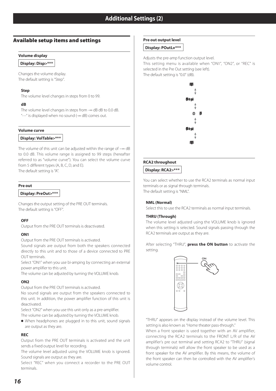 Esoteric I-03 owner manual Available setup items and settings, Off, ON1, ON2, Rec 