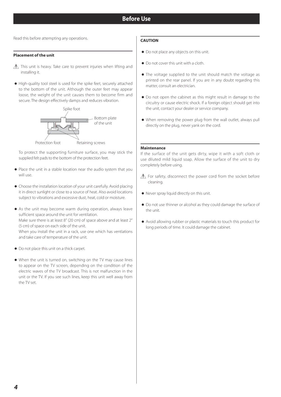 Esoteric I-03 owner manual Before Use, Placement of the unit, Maintenance 