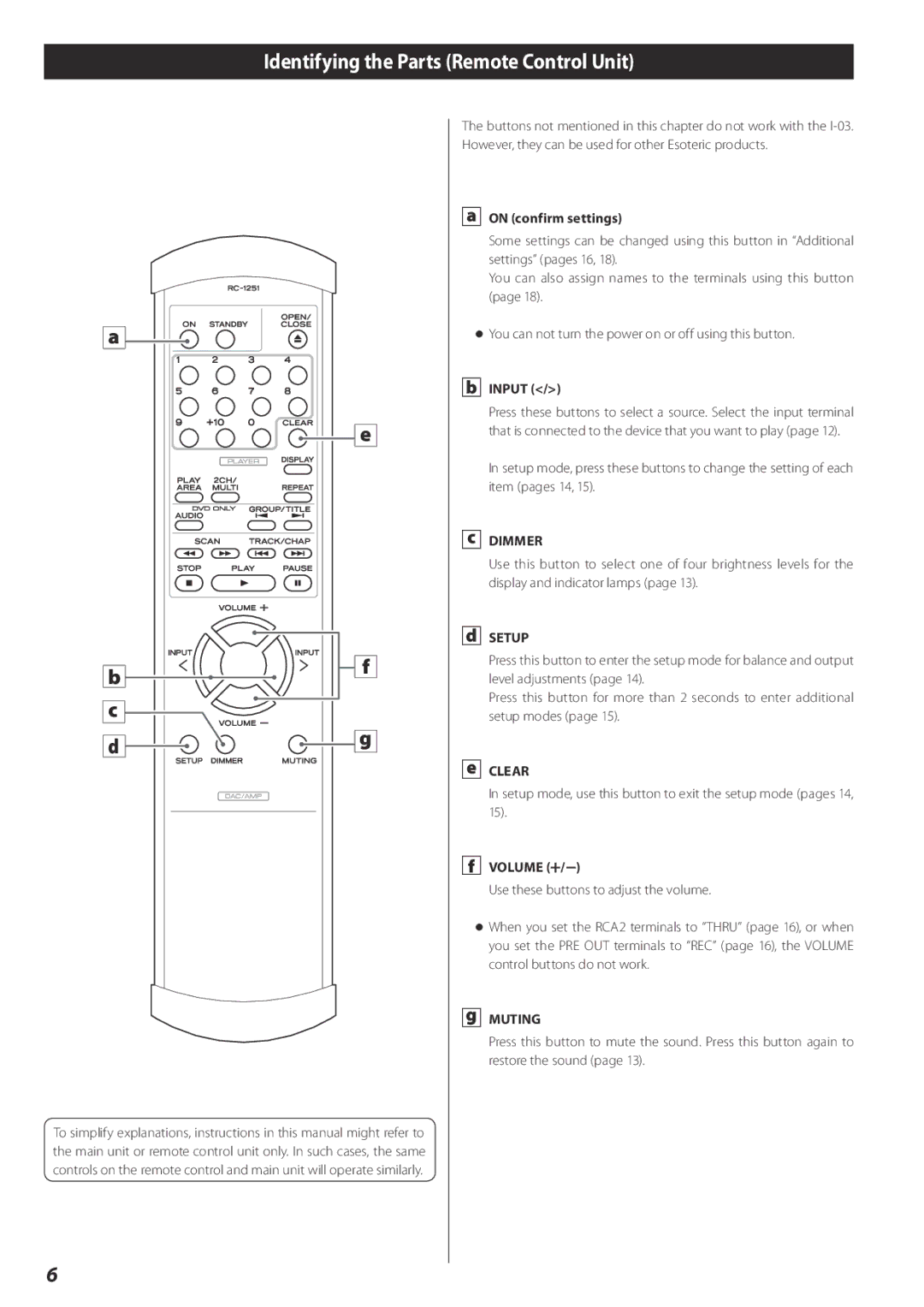 Esoteric I-03 owner manual Identifying the Parts Remote Control Unit 