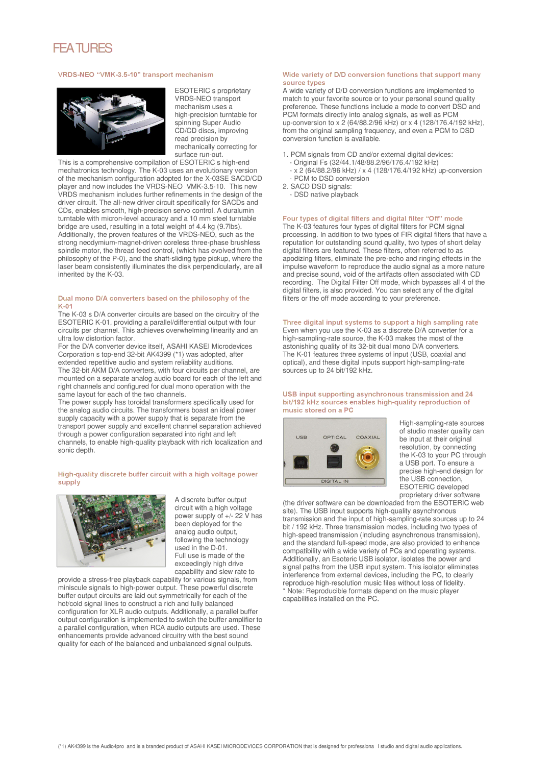 Esoteric K-03 Features, VRDS-NEO VMK-3.5-10 transport mechanism, Four types of digital filters and digital filter Off mode 