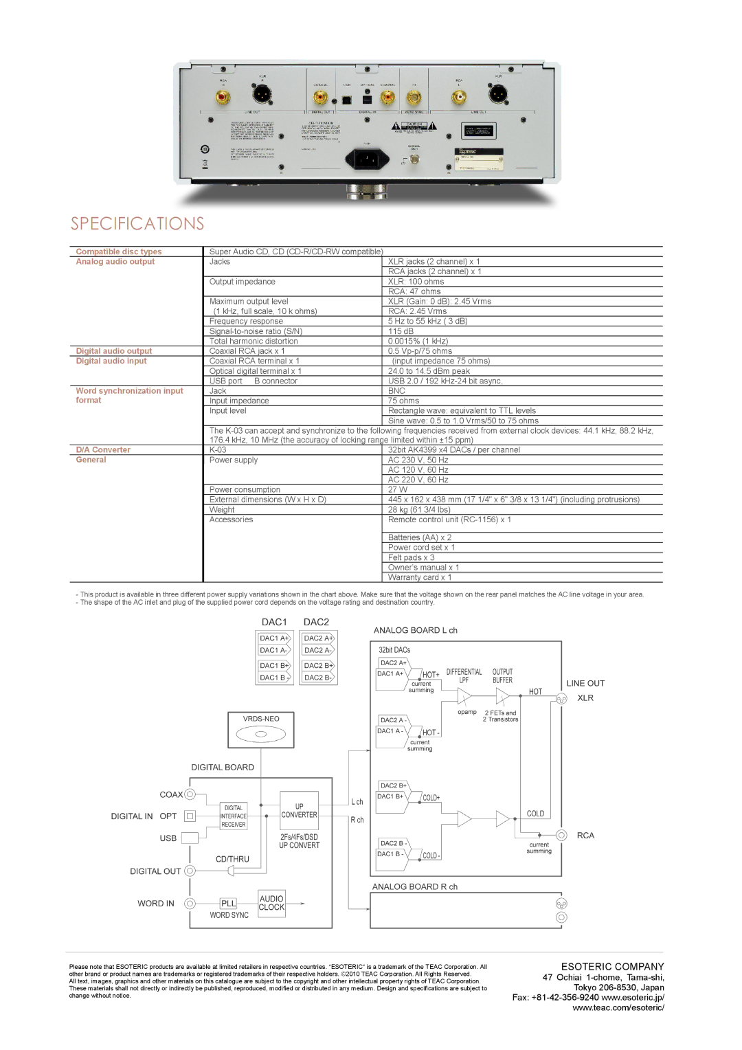 Esoteric K-03 manual Specifications, Analog audio output 