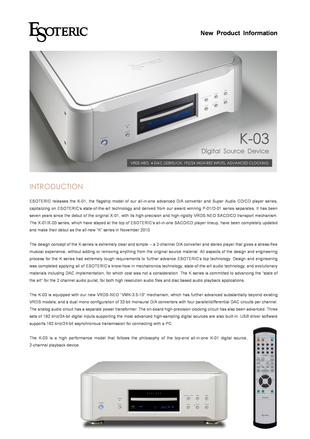 Esoteric K-03 manual Introduction, New Product Information, Digital Source Device 