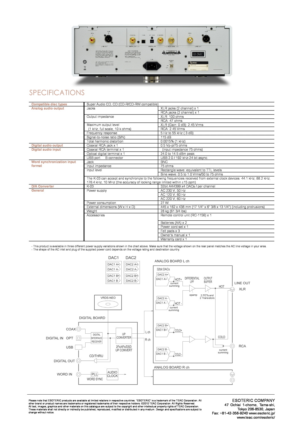 Esoteric K-03 Specifications, Esoteric Company, Compatible disc types, Analog audio output, Digital audio output, format 