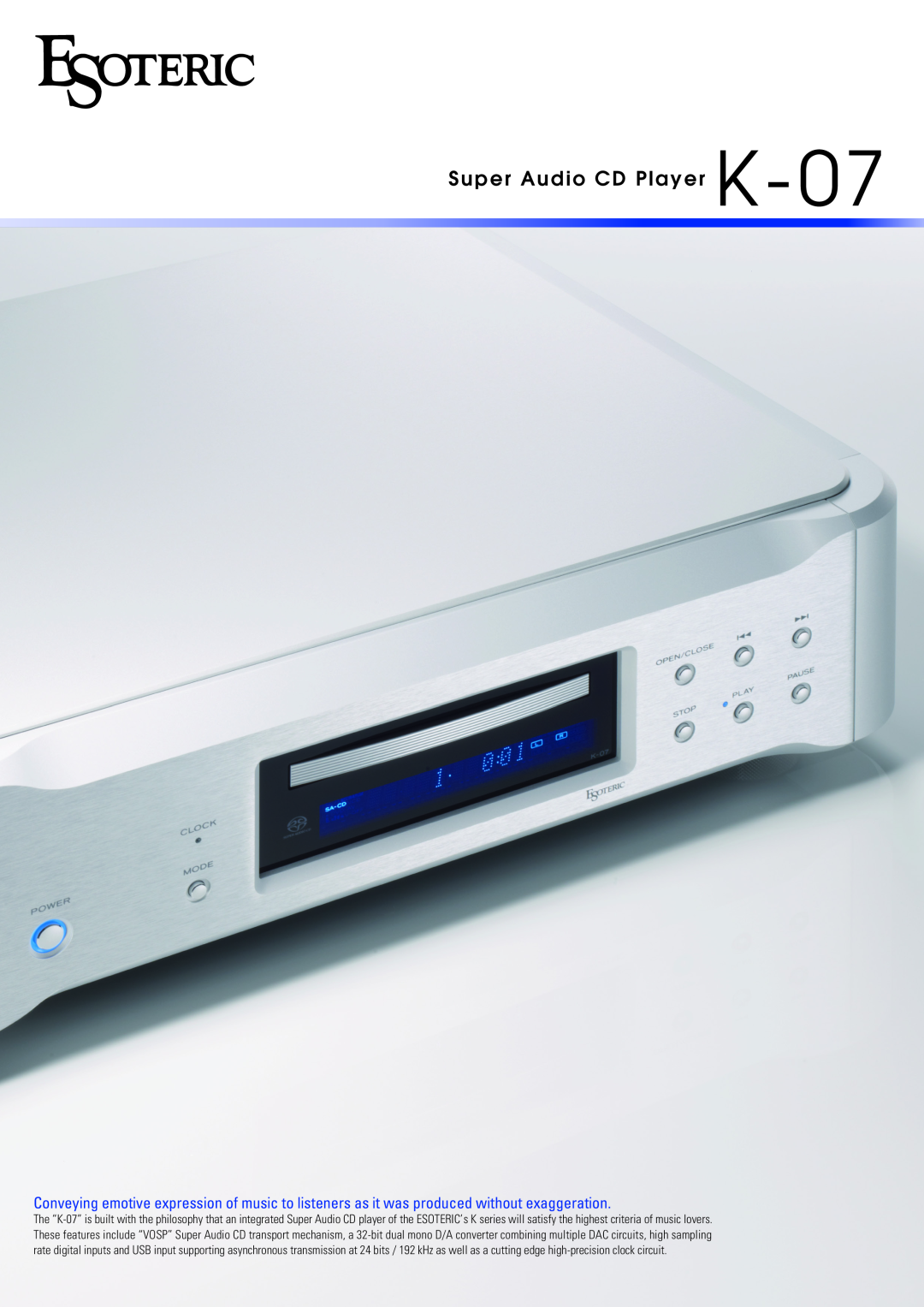Esoteric K-07 manual Super Audio CD Player K 