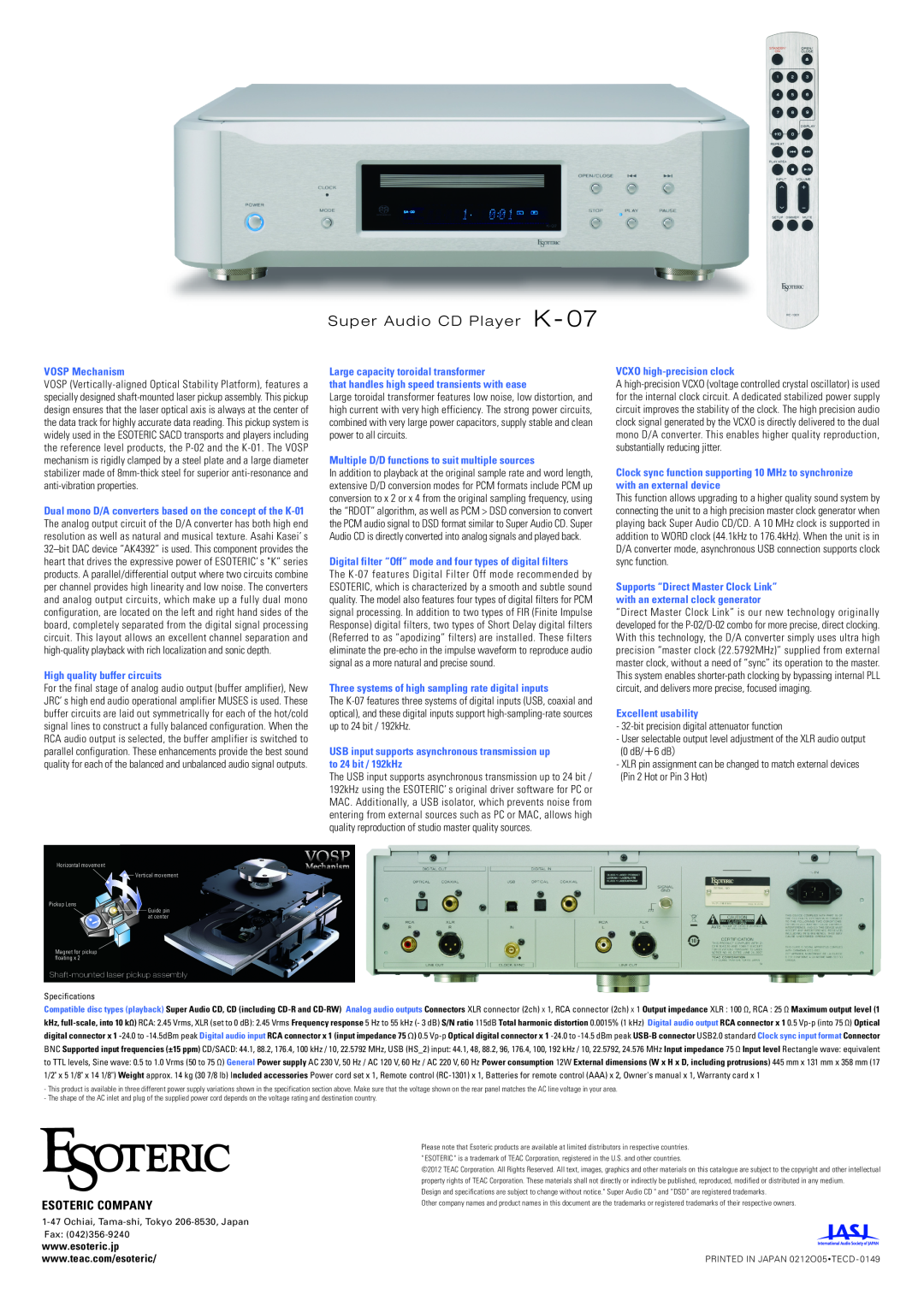 Esoteric K-07 manual Super Audio CD Player K, Esoteric Company 