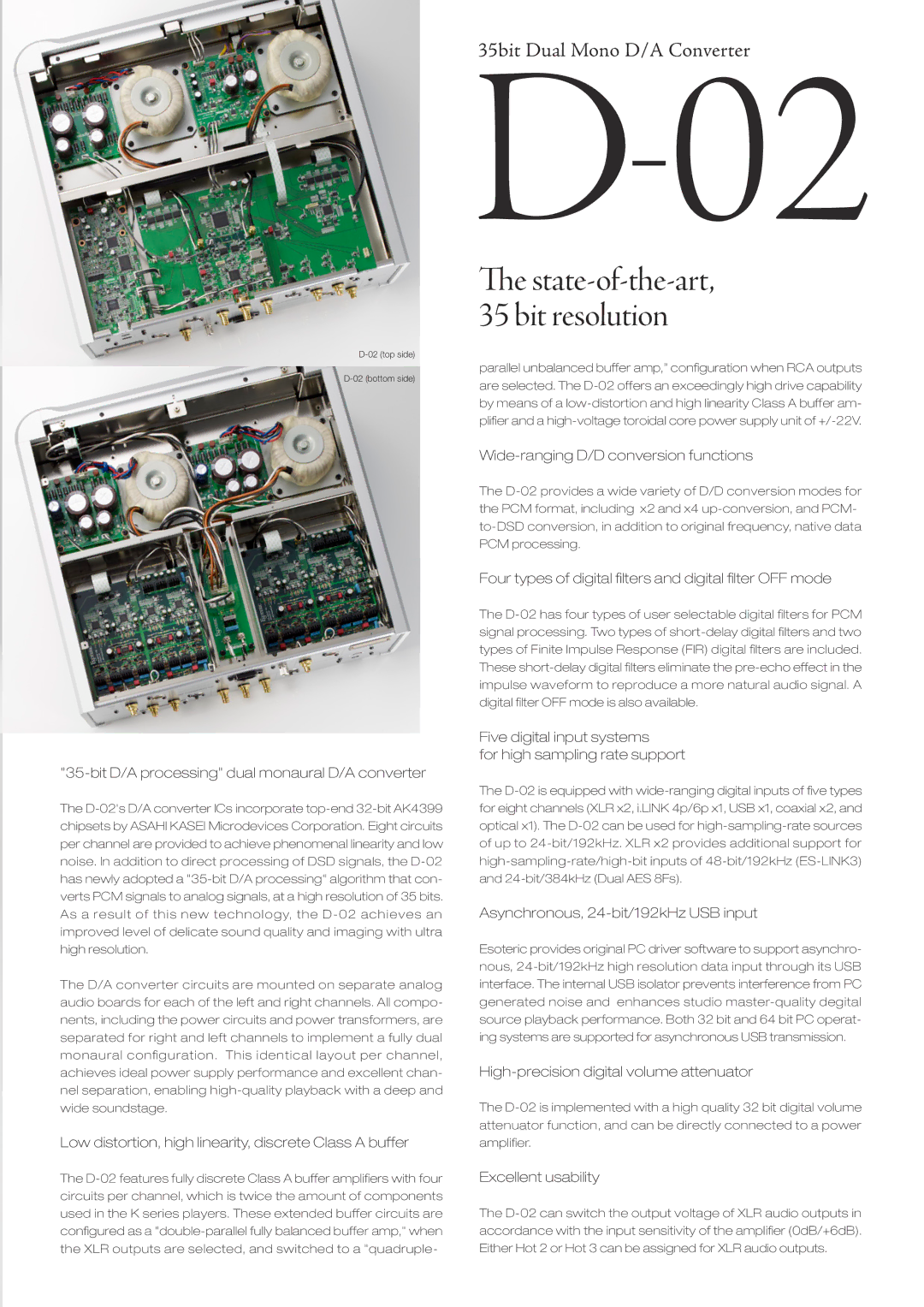 Esoteric P-02/D-02 Bit D/A processing dual monaural D/A converter, Low distortion, high linearity, discrete Class a buffer 