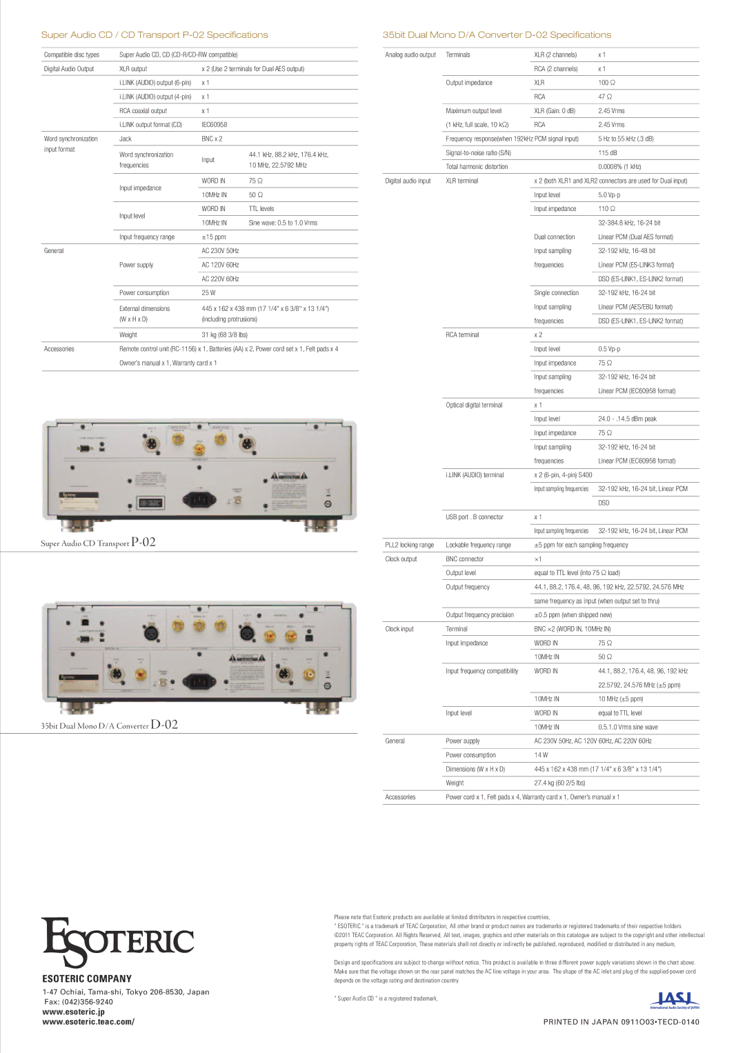 Esoteric P-02/D-02 specifications Esoteric Company 