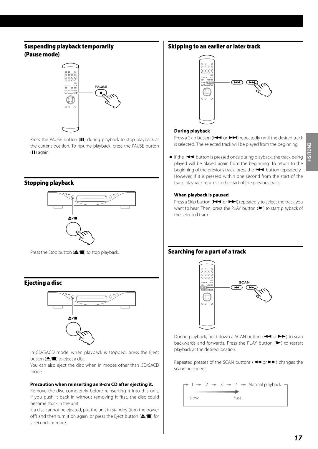 Esoteric RZ-1 owner manual Suspending playback temporarily Pause mode, Stopping playback, Ejecting a disc 