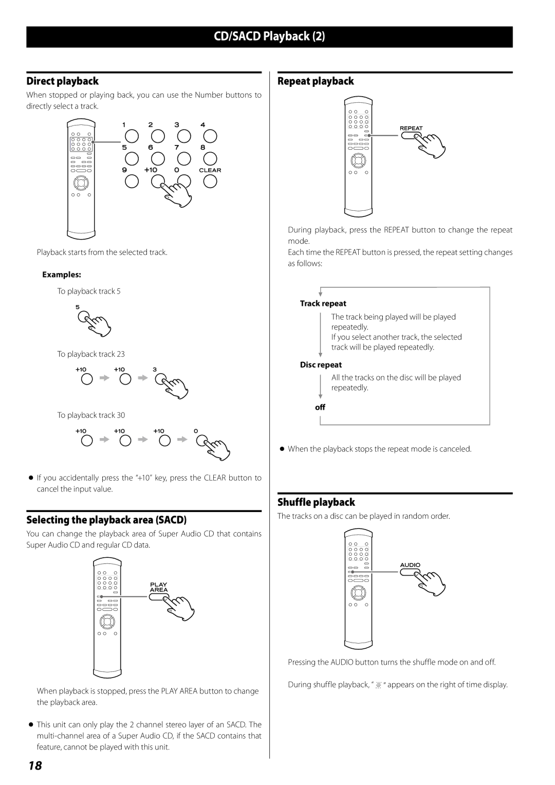 Esoteric RZ-1 owner manual Direct playback, Selecting the playback area Sacd, Repeat playback, Shuffle playback 