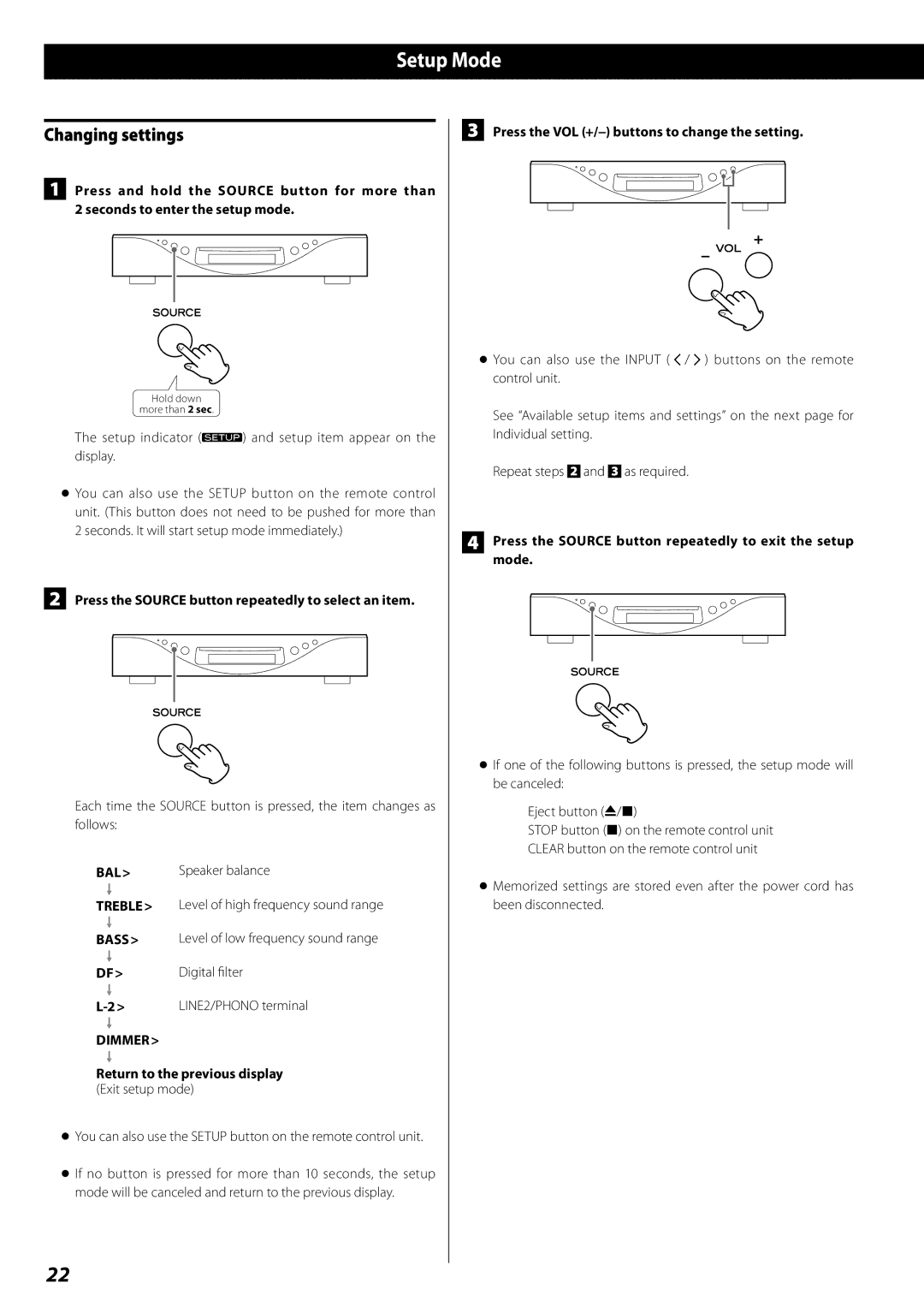 Esoteric RZ-1 owner manual Setup Mode, Changing settings, Bal, Treble, Bass 