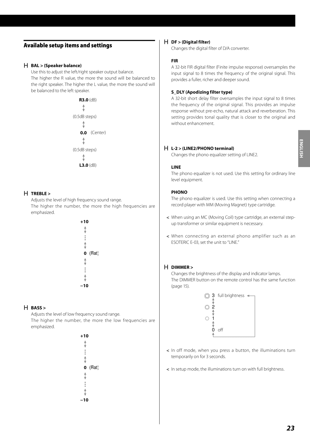 Esoteric RZ-1 owner manual Available setup items and settings, Fir, Line, Phono 