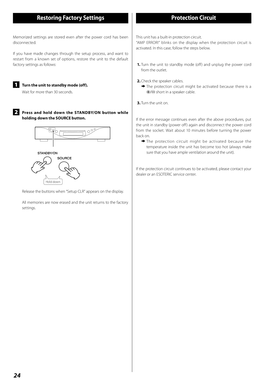 Esoteric RZ-1 owner manual Restoring Factory Settings, Protection Circuit, Turn the unit to standby mode off 