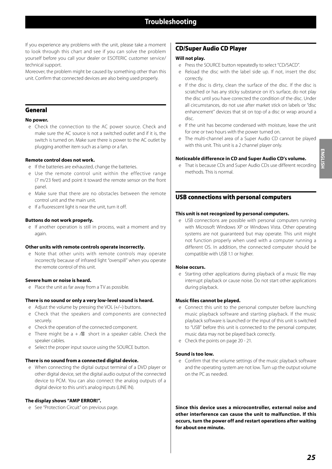 Esoteric RZ-1 owner manual Troubleshooting, General, CD/Super Audio CD Player, USB connections with personal computers 