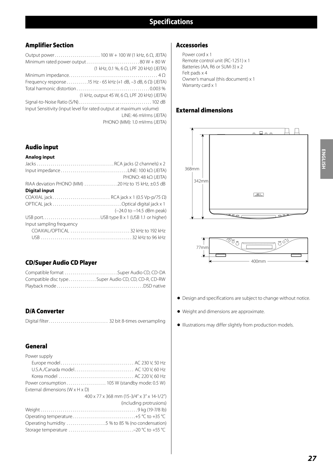 Esoteric RZ-1 owner manual Specifications 