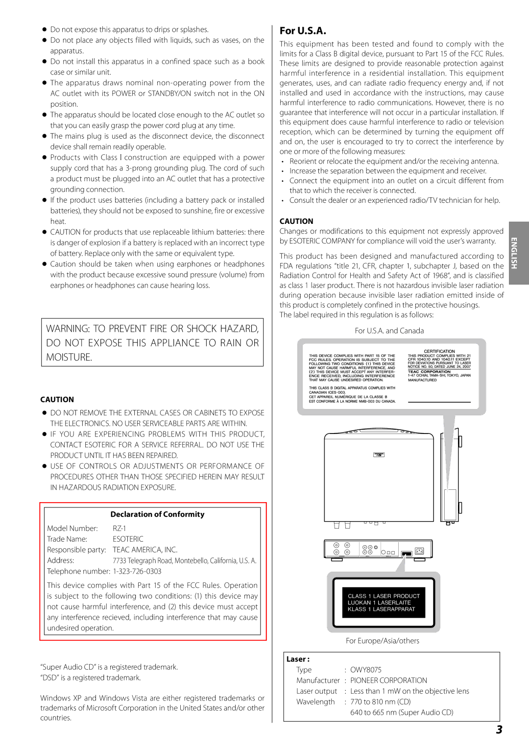 Esoteric RZ-1 owner manual For U.S.A, Declaration of Conformity, Laser 