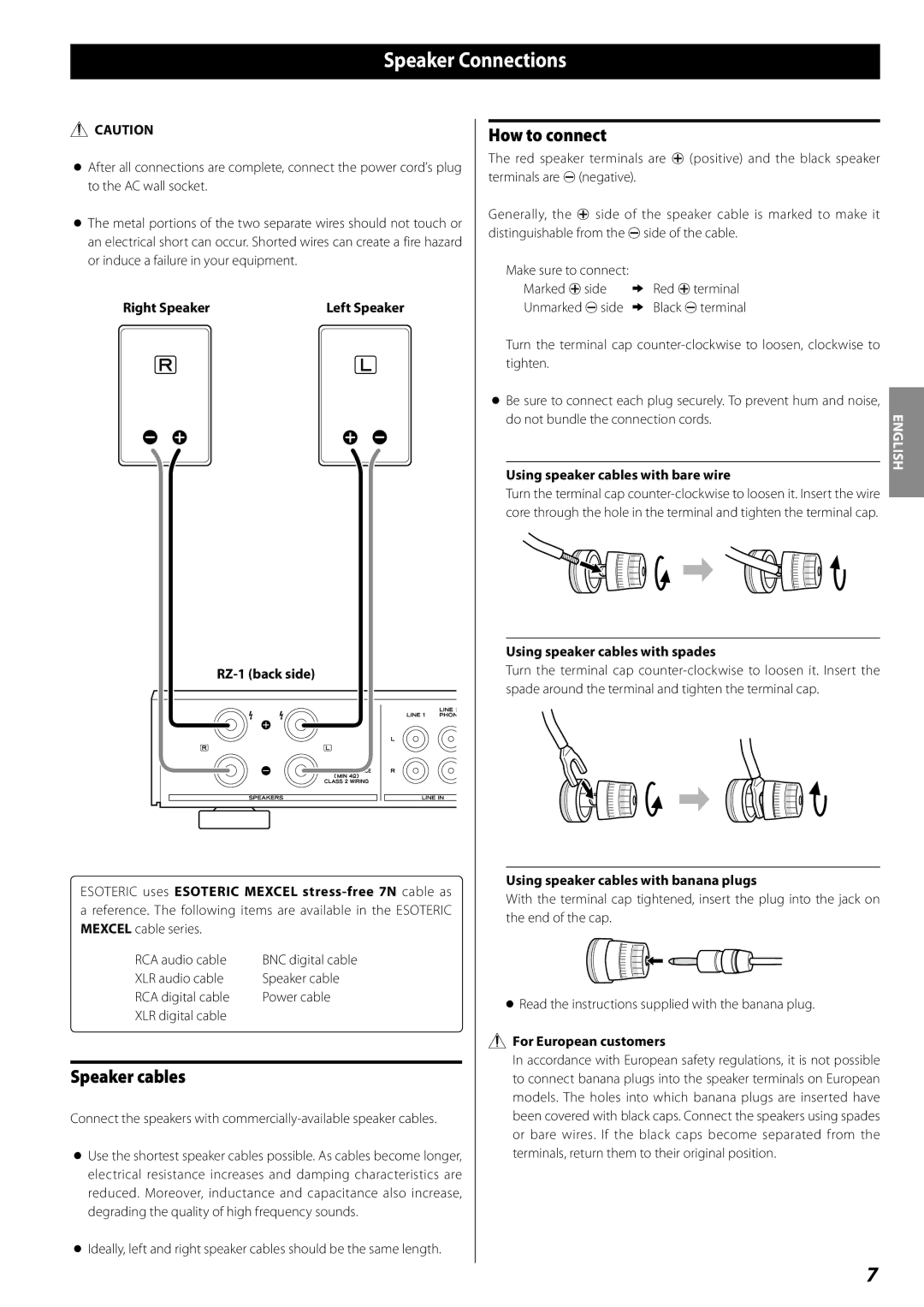 Esoteric RZ-1 owner manual Speaker Connections, Speaker cables, How to connect 