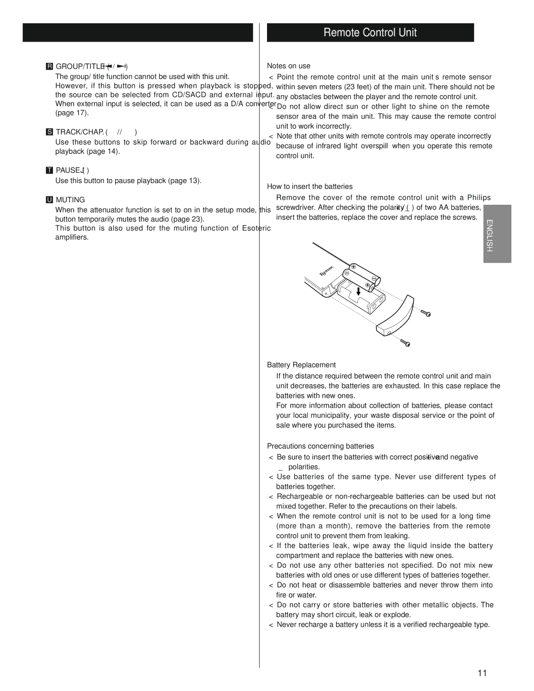 Esoteric SA-50 owner manual Remote Control Unit, Pause J, Muting 