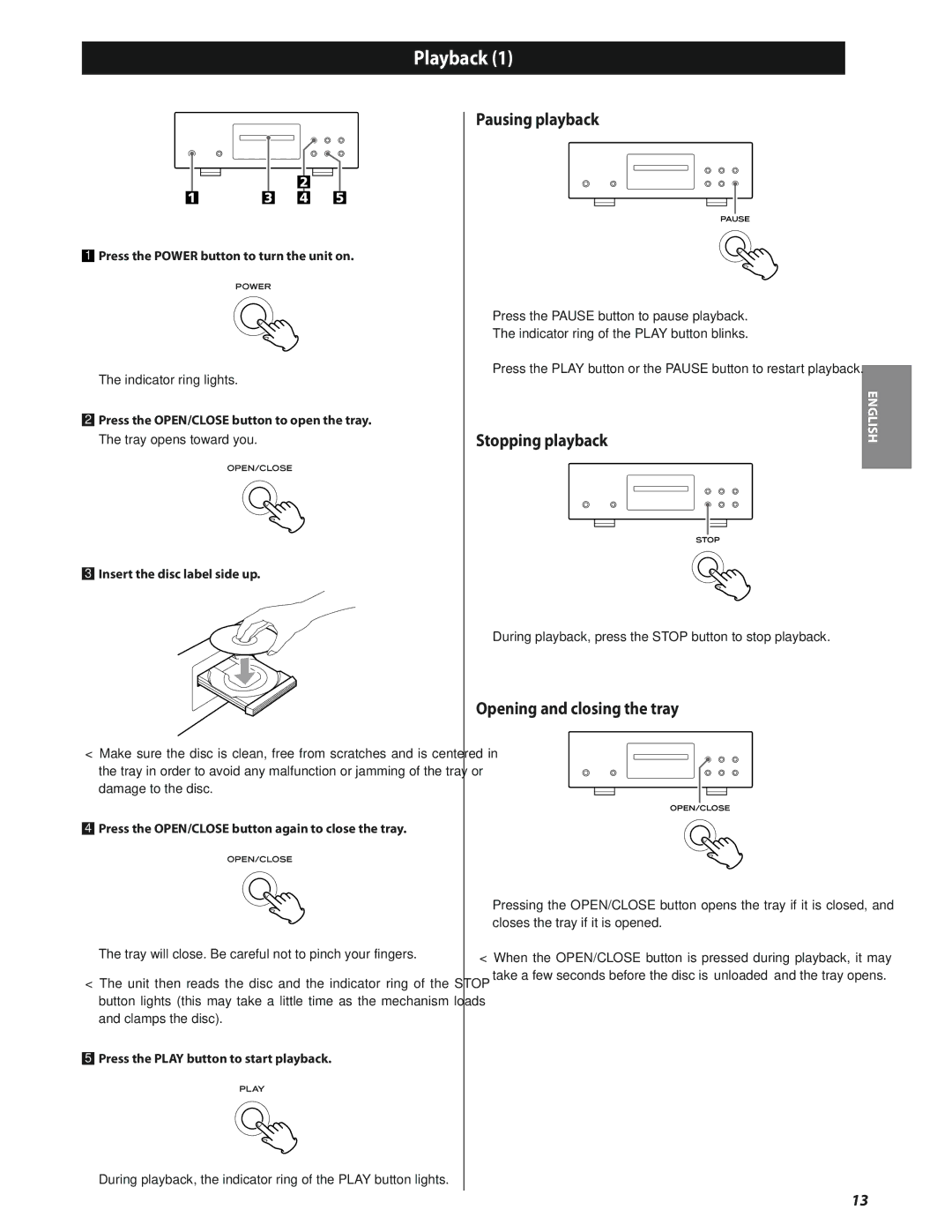 Esoteric SA-50 owner manual Playback, Pausing playback, Opening and closing the tray 