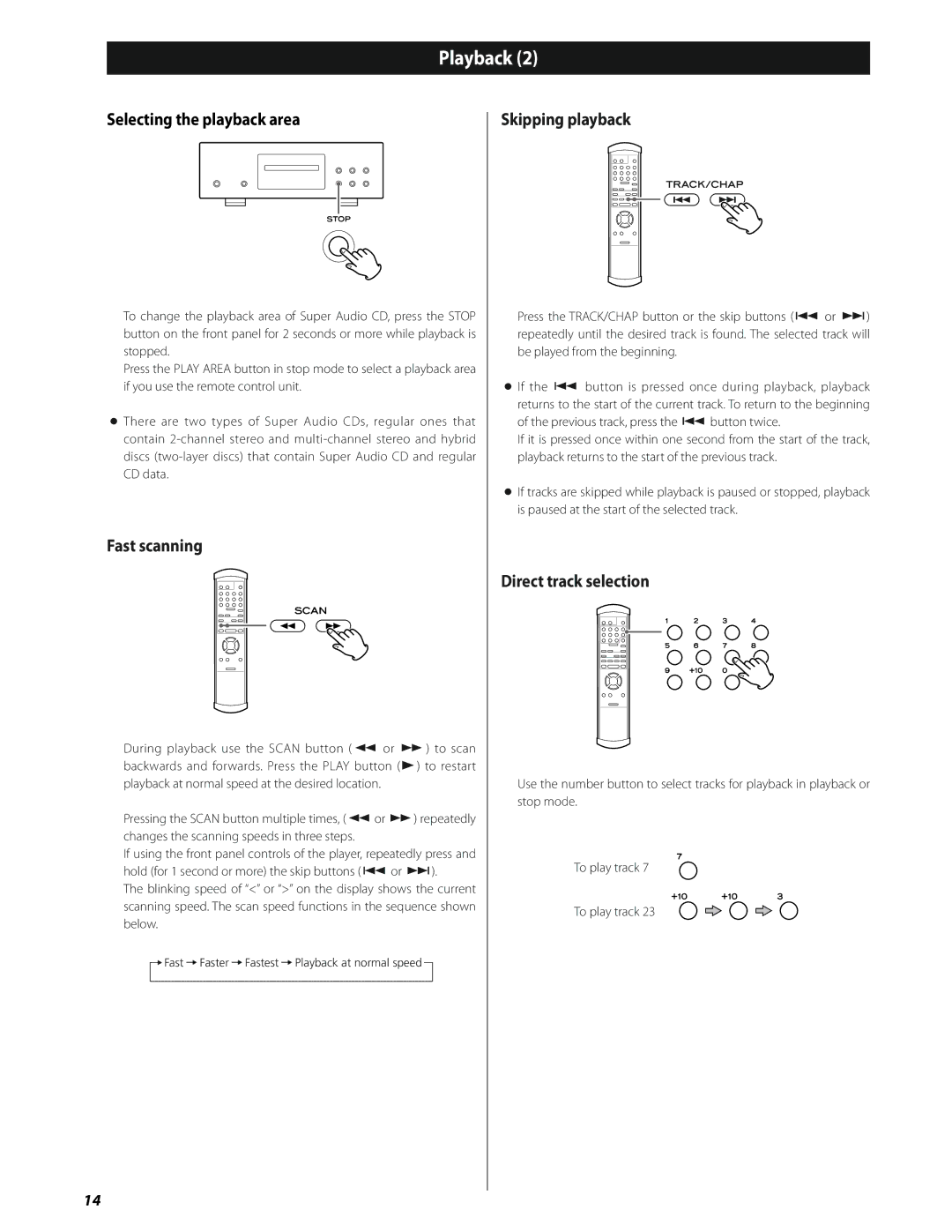 Esoteric SA-50 owner manual Selecting the playback area, Fast scanning, Skipping playback, Direct track selection 