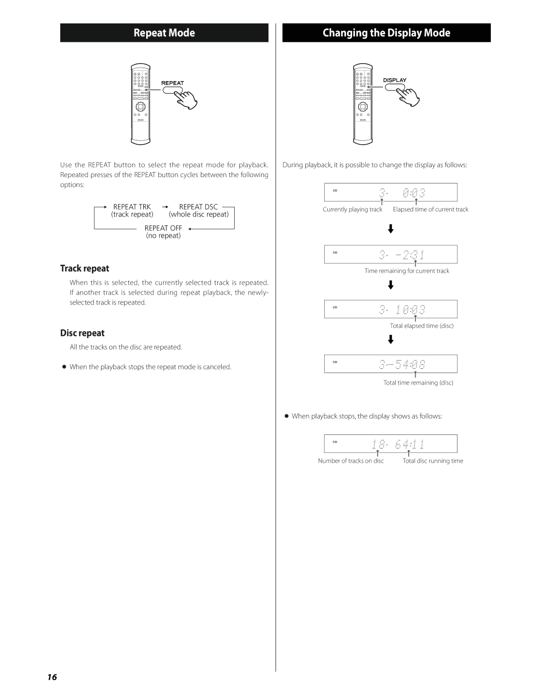 Esoteric SA-50 owner manual Repeat Mode, Changing the Display Mode, Track repeat, Disc repeat 