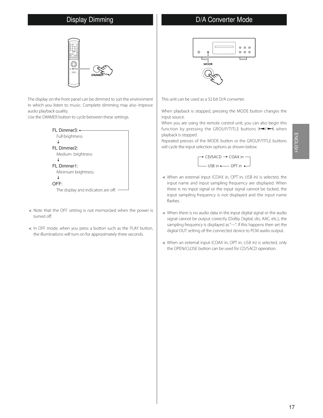 Esoteric SA-50 owner manual Display Dimming, Converter Mode, Off 